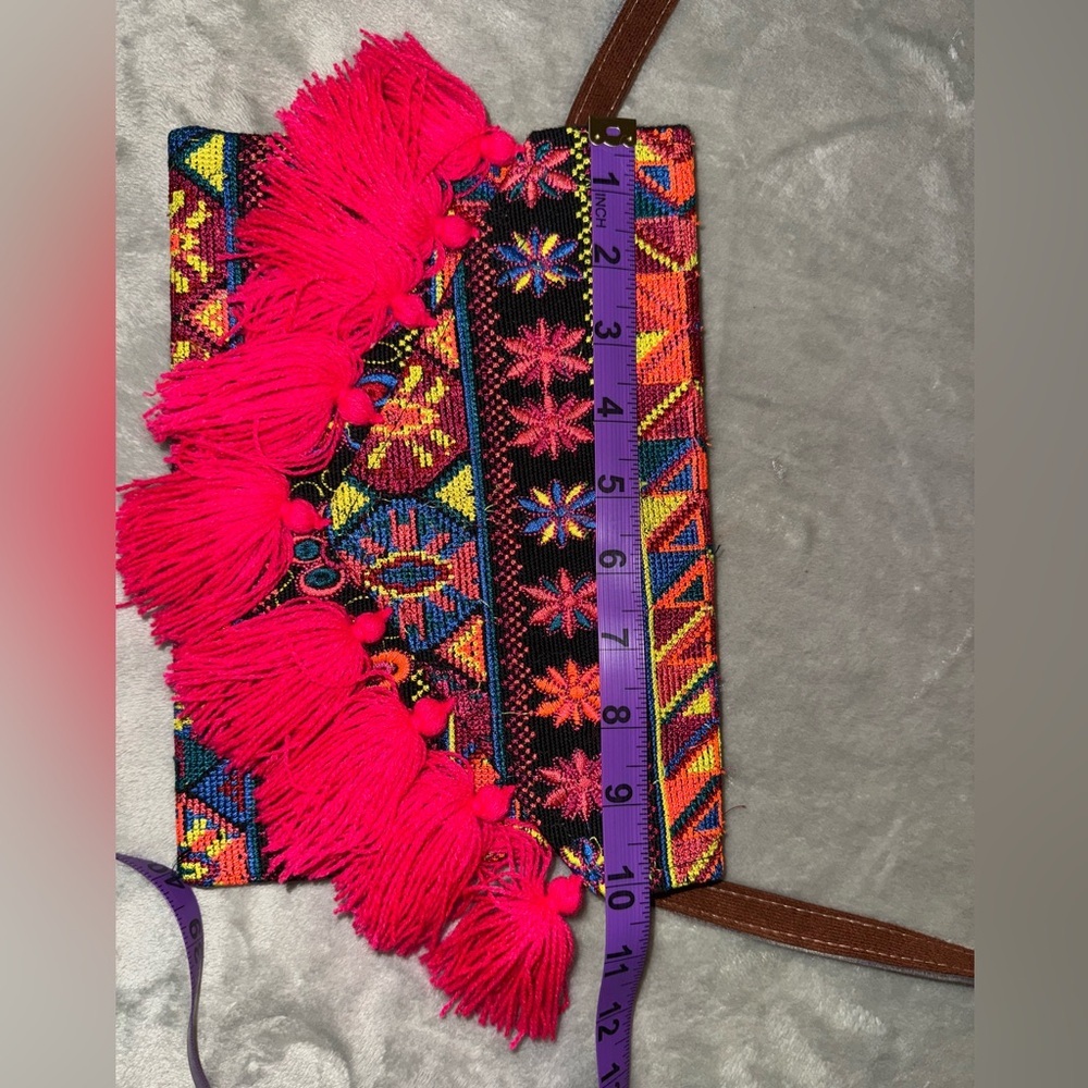 Colorful Patterned Crossbody Bag with Tassels - Picture 5 of 7